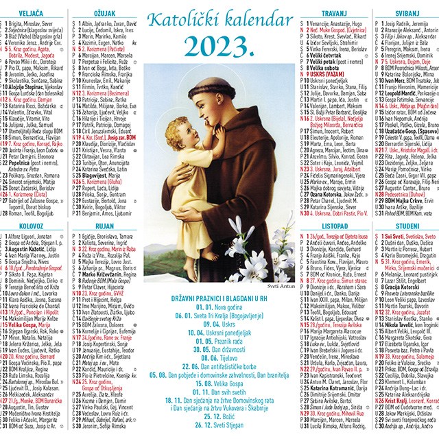 Jednolistni katolički kalendar 2023.